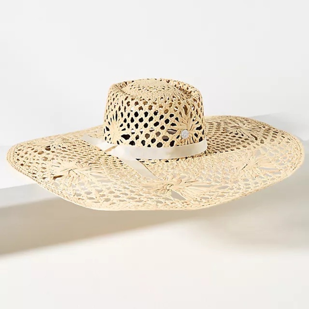 New Anthropologie Freya Open-Weave Wide Brim Straw Hat in Natural Cream Meringue